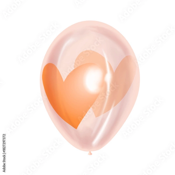 Fototapeta Pink transparent air balloon with golden heart hand drawn illustration. Soft color creates a light glossy look. Great for Valentine day party decoration. Works for festive and romantic card design.
