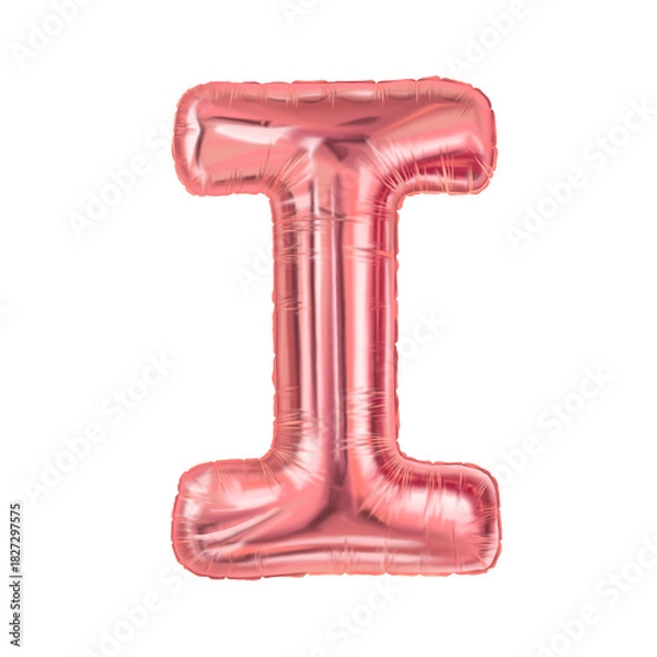 Fototapeta Letter I pink foil balloon hand drawn illustration with shine. Puffy metallic shape with soft highlight. Great for birthday card design and holiday decor. Ideal for festive Valentines Day poster.