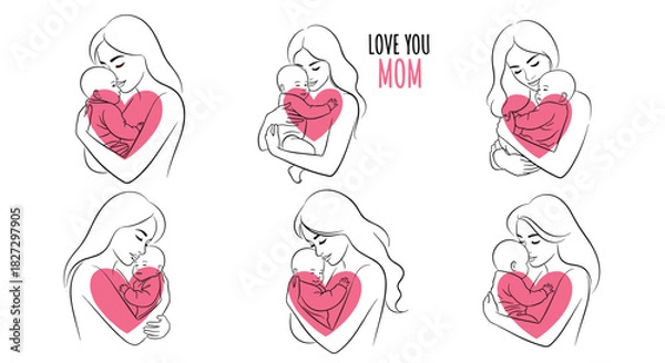 Fototapeta Line art illustrations of mothers tenderly holding their babies, with pink heart shapes symbolizing deep maternal love and affection.