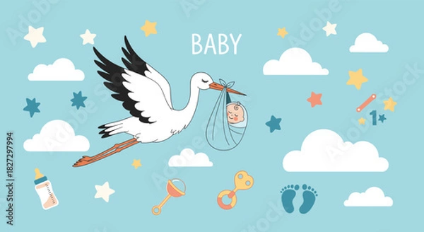 Fototapeta Stork delivering a newborn baby in a blue bundle, surrounded by playful baby items, clouds, and stars on a gentle blue background.