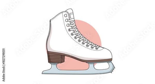 Fototapeta A crisp vector illustration of a classic white figure ice skate with brown heel and a steel blade, highlighted against a subtle pink background.