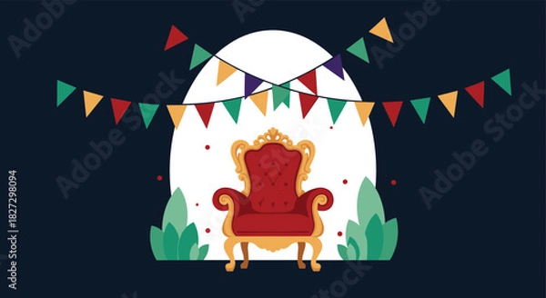 Fototapeta A lavish red and gold throne with ornate details is presented under a white arch, adorned with colorful festive bunting, perfect for a celebration.