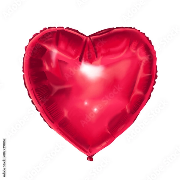 Fototapeta Red heart foil baloon hand drawn illustration with shine. Glossy party object with soft highlight. Perfect for Valentine card and romantic decoration. Ideal for celebration poster and gift tag.