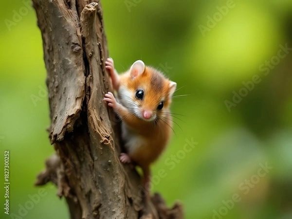Fototapeta A close-up wildlife photo of a hazel dormouse clinging to a broken tree trunk with a soft green forest background, showing natural textures and adorable details of the animal