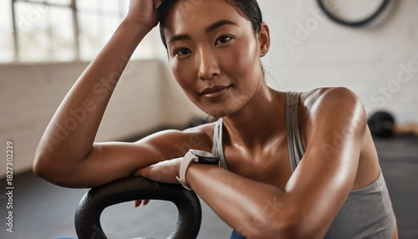 Fototapeta Portrait of a determined young Asian woman resting after an intense kettlebell workout in a modern fitness gym, looking confidently at the camera