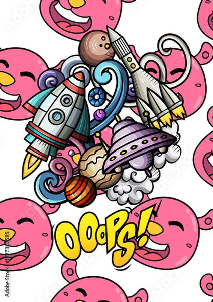 Fototapeta Whimsical doodle of space exploration with planets, rockets, and a UFO, set against a pink cartoon character background