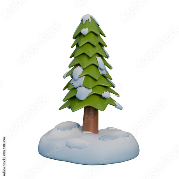Fototapeta A 3D illustration of a snow-covered pine tree standing on a small island-like mound of snow.