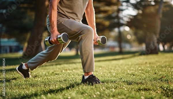 Obraz Unrecognizable active man in sportswear doing walking lunges with dumbbells for leg day workout on green grass in a sunny park