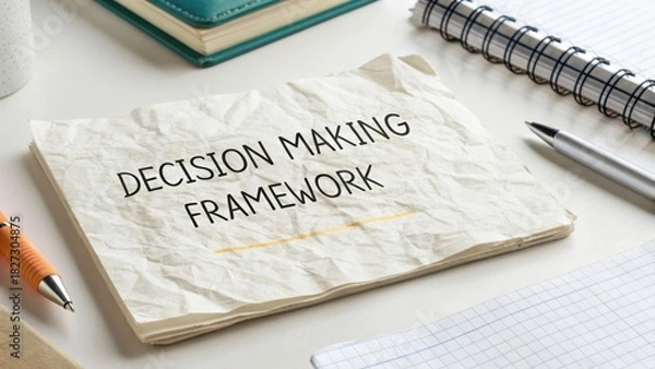 Fototapeta Crumpled Paper with Decision Making Framework Concept Surrounded by Office Supplies on a Desk