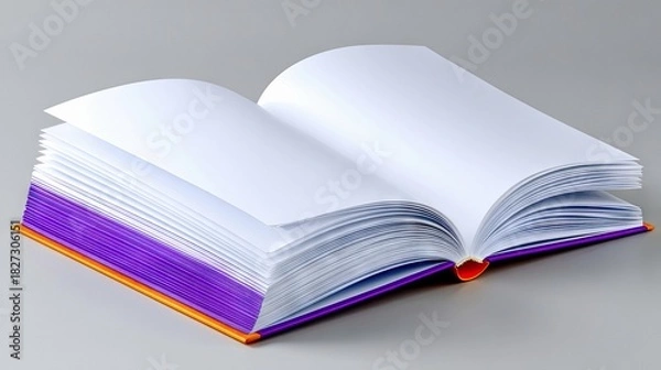 Fototapeta An open book with blank white pages, purple and orange binding, and a gray background.