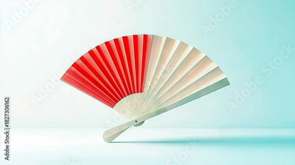 Fototapeta An open hand fan with red and white segments is displayed against a teal background, creating a minimalist and elegant composition.