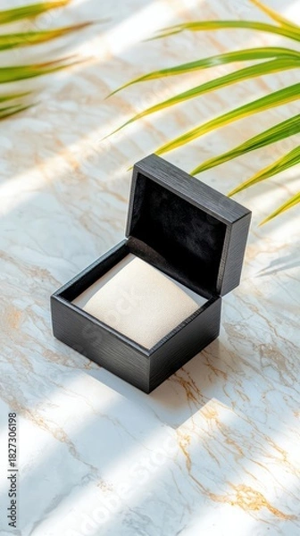 Fototapeta An open black jewelry box on a marble surface with palm leaves, lit by sunlight. The box is empty and ready for a precious item.