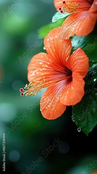 Fototapeta Close-up of an orange hibiscus flower with water droplets on the petals and green leaves, set against a blurred green background. The image evokes a sense of fr