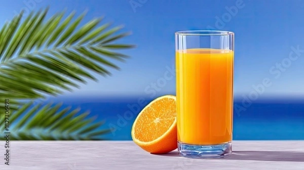 Fototapeta A tall glass of orange juice and a half orange sit on a light-colored table. In the background, a blurred palm frond is visible against a bright blue sky and oc