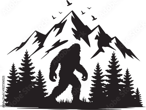 Fototapeta Bigfoot explores forest with mountains and trees silhouette 