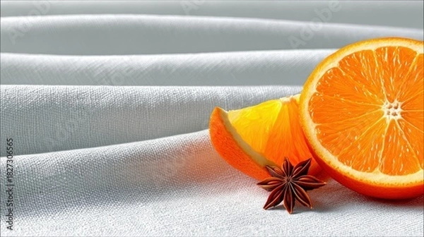 Fototapeta Close-up of vibrant orange slices and a star anise spice arranged on a textured, light-colored fabric surface. The lighting is bright and highlights the details
