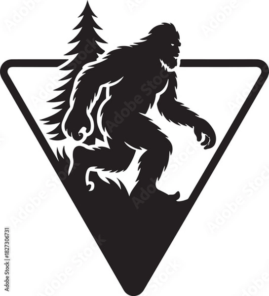 Fototapeta Bigfoot silhouette in triangle with mountain and forest