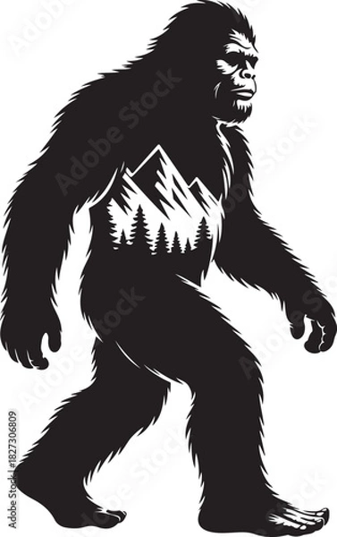 Fototapeta Bigfoot silhouette with mountain and forest interior