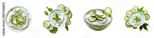 Fototapeta Variations of Tzatziki Sauce in Ceramic Bowls Surrounded by Cucumbers