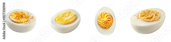 Fototapeta Different styles of sliced hard boiled eggs with various seasonings applied