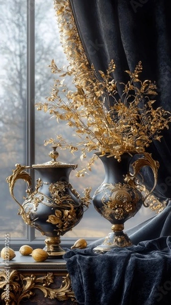 Fototapeta Two ornate vases with golden embellishments and foliage are displayed on a table near a window, with a dark curtain and moody lighting.