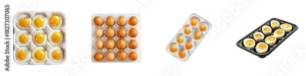 Fototapeta Variety of Chicken Eggs in Different Preparations Displayed in Multiple Containers