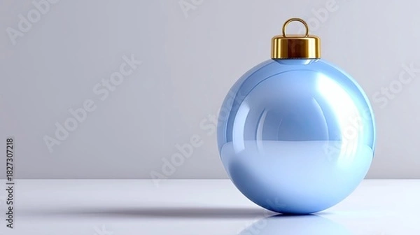 Fototapeta A single, pale blue, spherical Christmas ornament with a gold cap sits on a reflective white surface against a soft gray background. The lighting is gentle and