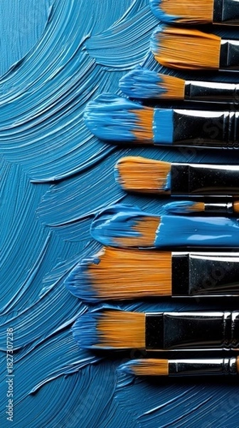Fototapeta Close-up of paintbrushes covered in blue paint, resting on a textured surface of blue paint, creating an artistic composition.