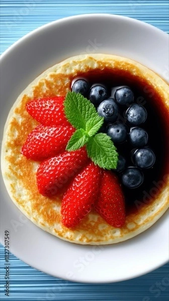 Fototapeta A close-up, top-down view of a golden-brown pancake served on a white plate. The pancake is topped with fresh strawberries, blueberries, and a sprig of mint, wi