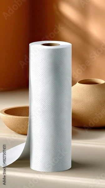 Fototapeta A roll of white paper towels stands upright, next to ceramic bowls and vases, lit by warm, natural light.