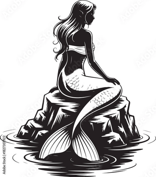 Fototapeta Mysterious mermaid rests on rock in ocean waves