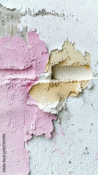 Fototapeta Close-up of a wall with peeling paint, revealing layers of color and texture. The abstract composition highlights the decay and the interplay of pink, yellow, a