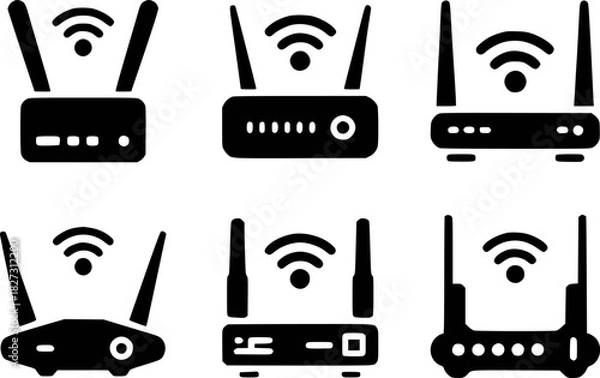 Obraz Collection of six black and white icons representing various Wi-Fi routers and modems