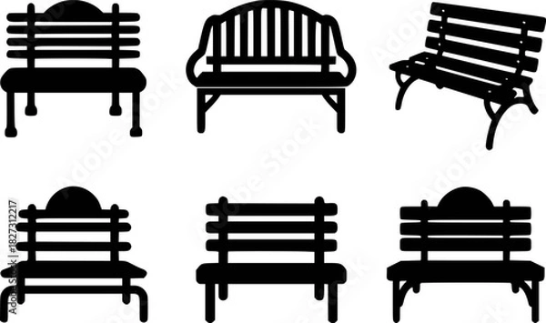 Obraz Collection of Six Black Silhouette Park Benches in Various Styles