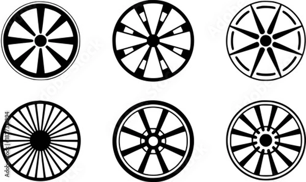 Obraz Collection of Six Stylized Black and White Wheel Icons