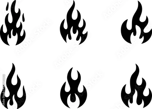Obraz Collection of Six Stylized Black Flame Icons on White Background