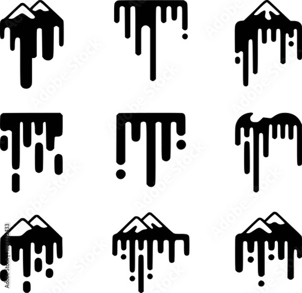 Obraz Collection of stylized mountain and abstract dripping icons in black and white