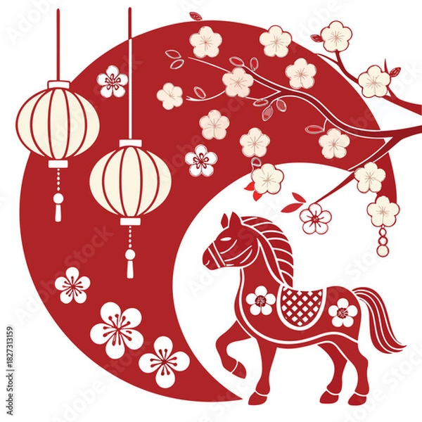 Fototapeta chinese zodiac sign,Red decorative scene with lanterns, plum blossoms, and horse figurine for festive decor