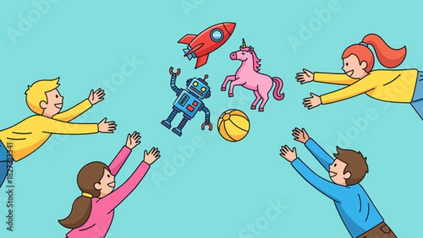 Fototapeta Joyful children reaching for colorful toys: rocket, robot, unicorn, and ball. Playtime and desire concept.