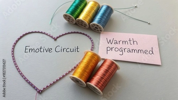 Fototapeta Heart-shaped design with colorful spools of thread and a card demonstrating warmth and creativity in crafting and DIY projects