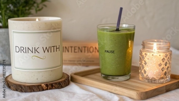 Fototapeta Relaxing moment with green smoothie, scented candle, and intention setting for mindfulness and self-care practice