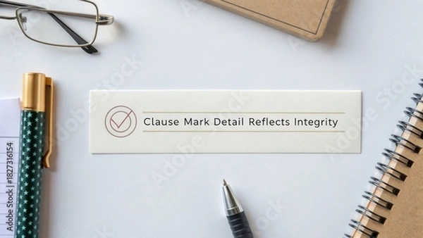 Fototapeta Stylish Office Desk Arrangement Featuring Notepad, Pen, Glasses, and Motivational Quote on Integrity for Professional Setting