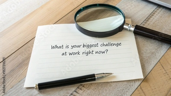 Fototapeta Thought-Provoking Challenge Reflection on Work with Pen and Magnifying Glass on Wooden Table