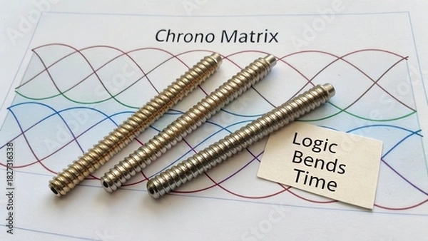 Fototapeta Three Metallic Rods Arranged on a Colorful Chart Representing Time Manipulation Concepts and Their Relation to Logic