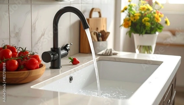 Obraz Modern kitchen scene, with running water, tomatoes, and flowers