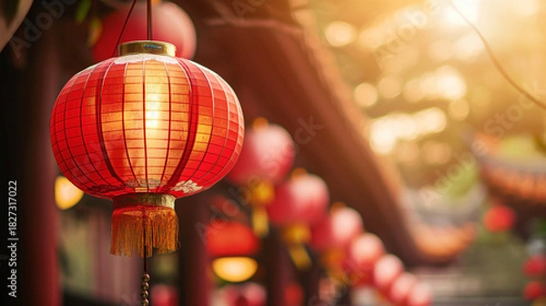 Obraz Red Chinese lantern hanging at temple during golden hour