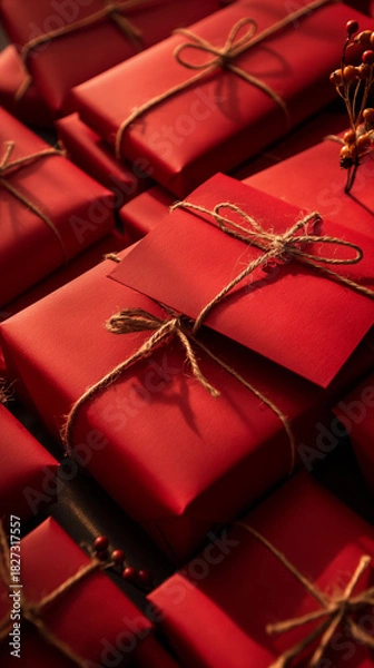 Obraz Multiple red gift boxes tied with twine in warm light