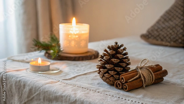Fototapeta Candle pinecone cinnamon linen cozy warm rustic soft light winter holiday mood Gentle candle glow with pinecone and cinnamon linen table creates
