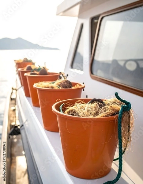 Obraz Orange buckets full of fishing nets on a white boat deck with landscape background