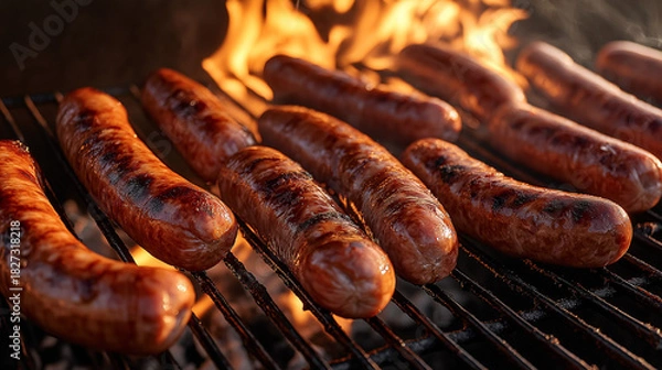 Obraz Grilled sausages cooking over open flame on barbecue